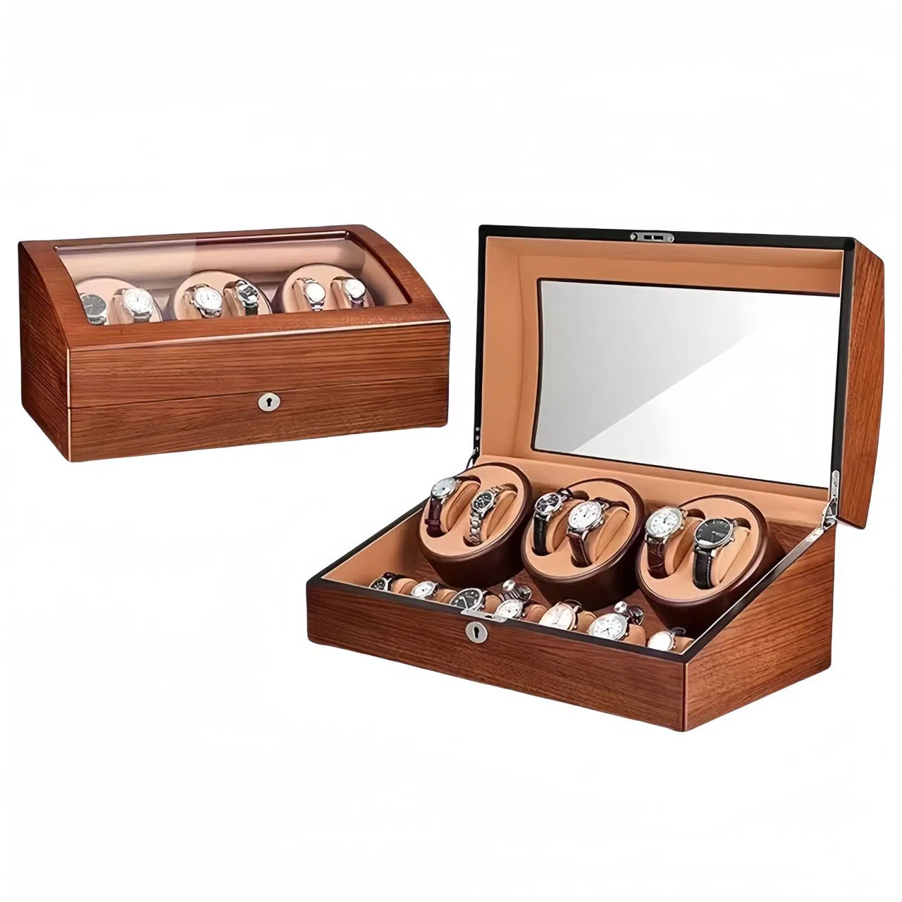 6-Watch Winder with 7 Storage Compartments - Brown Ash Wood