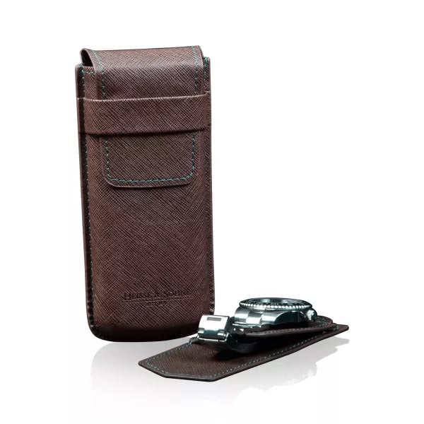 Watch Case - Mondo Saffiano 1-Watch Case Brown/Green-2-Le Remontoir