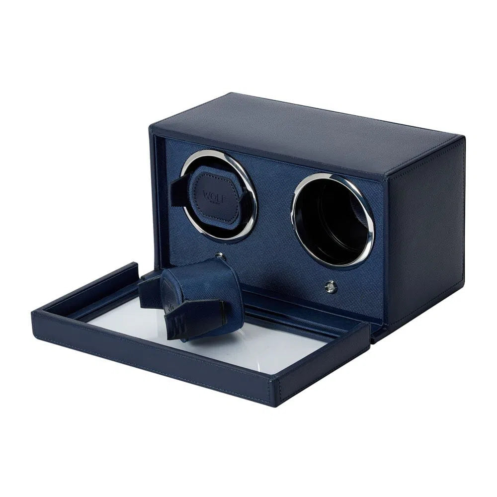 Watch Winder - Cube for 2 Watches, Navy Blue, with Lid-2-Le Remontoir