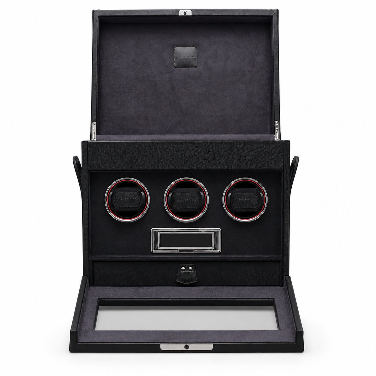 3-watch winder in grained black leather with suedette interior, glass lid and high-end finishes.