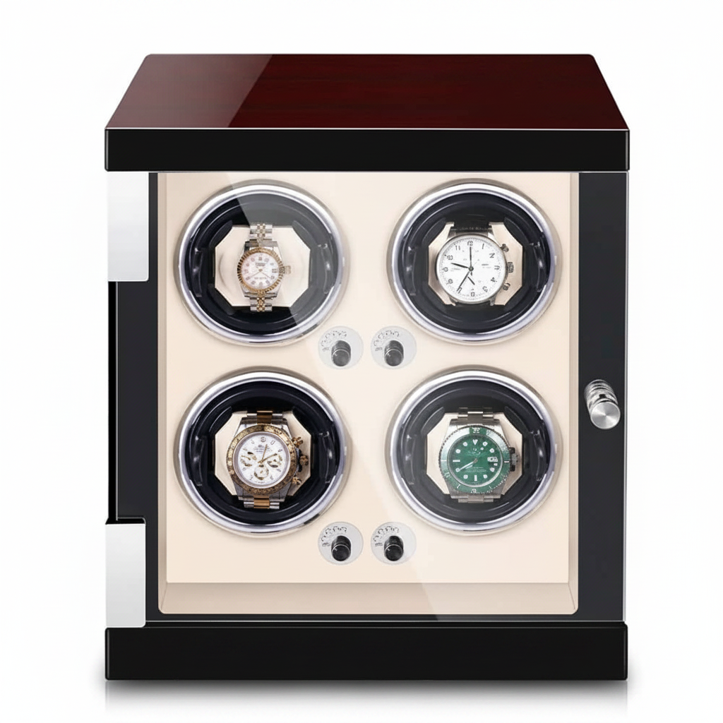 Cream automatic watch winder for 4 watches in wood with silent motor and built-in LED lighting.