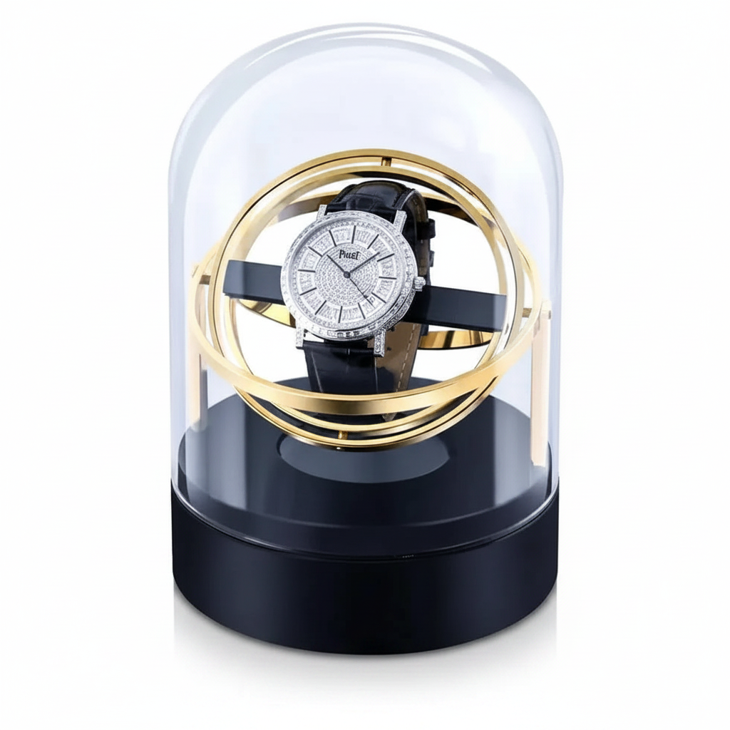 Astronome gold watch winder with glass dome, steel structure and black base for one automatic watch.