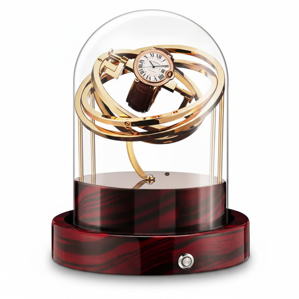 Gold Astronome Prestige automatic watch winder under a glass dome with red and black wooden base.