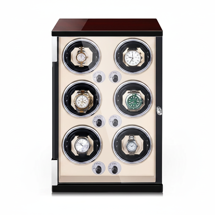 Automatic watch winder for 6 watches in cream and brown wood with silent motor and elegant protective display window.