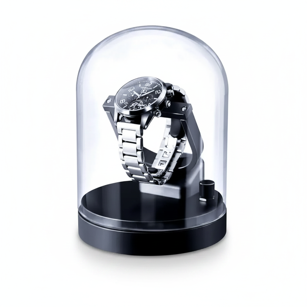 Grey automatic winder under a glass dome for one watch, compact and elegant design with circular base.