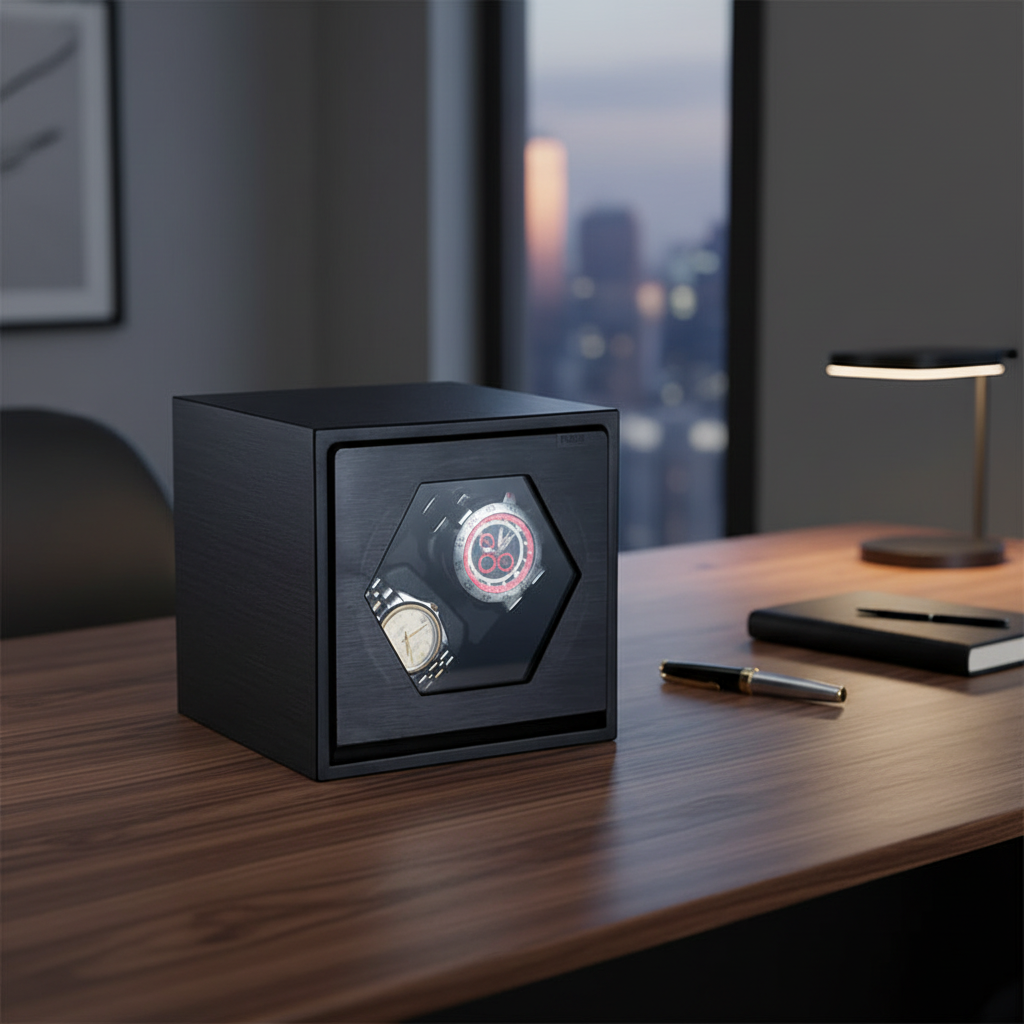 Black aluminium Cube Prestige watch winder with two slots for automatic watches on a wooden desk.