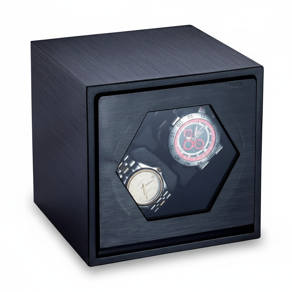 Black aluminium Cube Prestige watch winder with two slots and a hexagonal window for automatic watches.