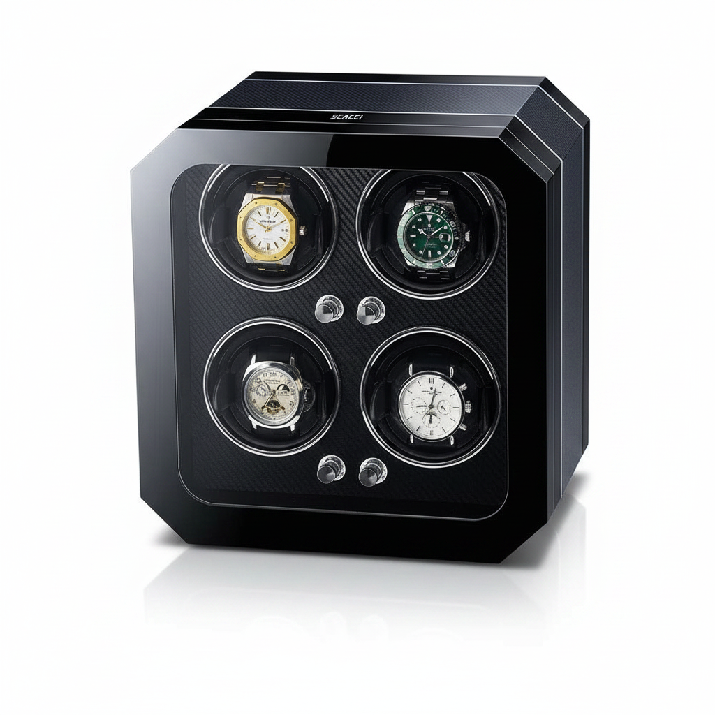 Black Gioco Carbone automatic watch winder for 4 watches with carbon fibre finish and built-in LED lighting.