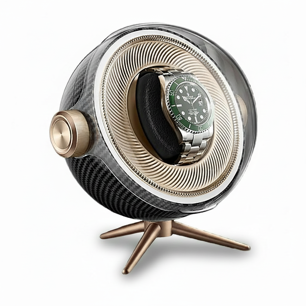 Tripode Solo Carbon watch winder in black carbon fibre effect with gold stand and automatic watch on a white background.