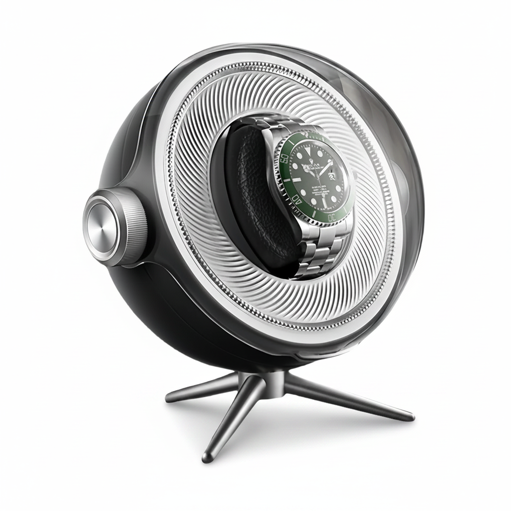 Tripode Solo black watch winder with a modern spherical design, tripod stand and an automatic watch with a green dial.
