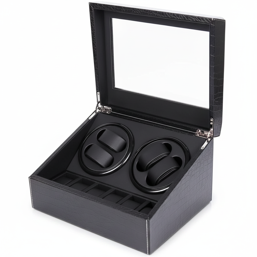 Roche Noire watch winder in crackled black PU leather with glass lid, 4 rotating slots and 6 storage compartments.