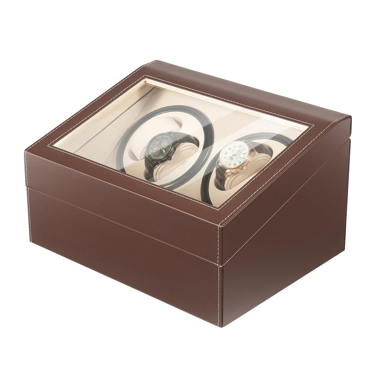 Brown leather watch winder with glass lid, beige interior and two rotating slots for automatic watches.