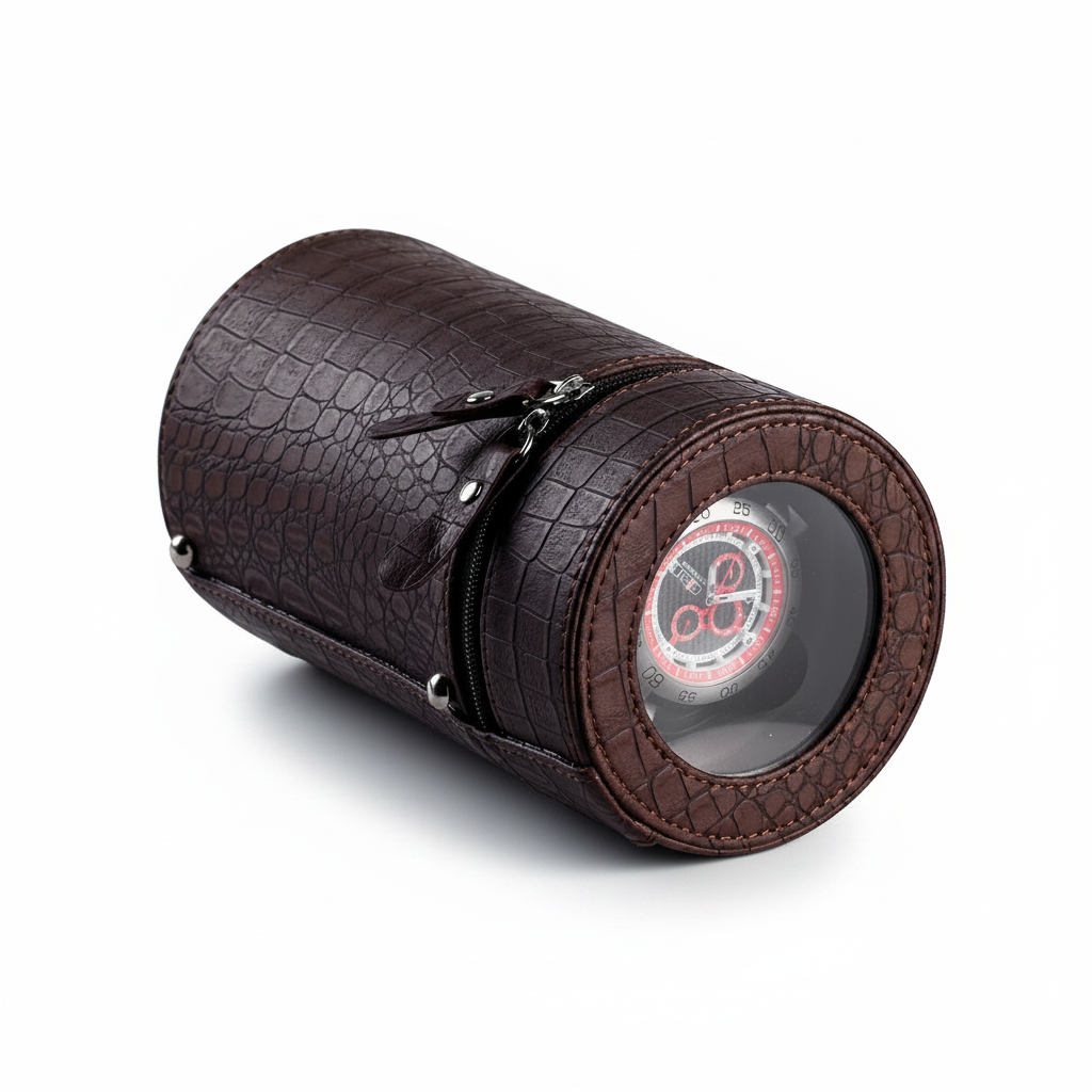 Brown Rocket travel winder in crocodile faux leather with transparent window for an automatic watch.