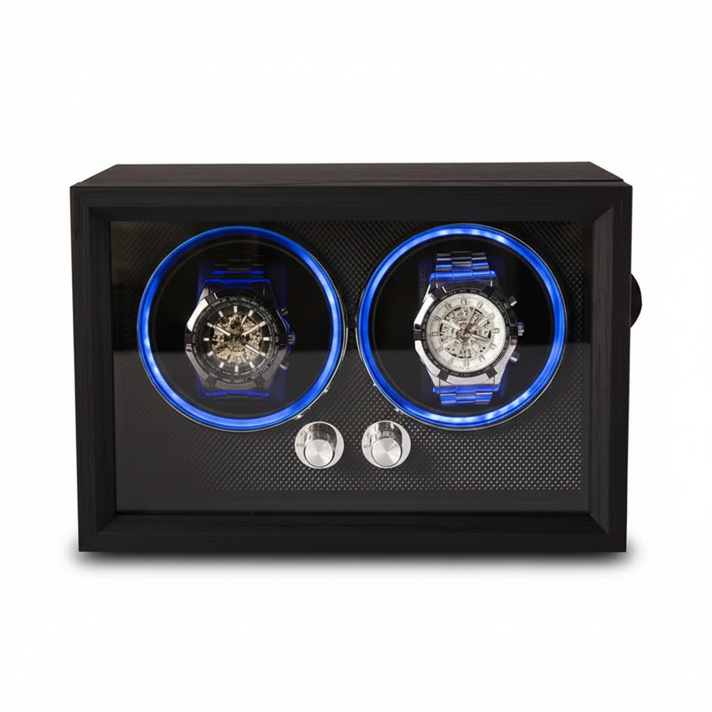 Black double watch winder for two automatic watches with blue LED lighting, wooden front and acrylic lid.