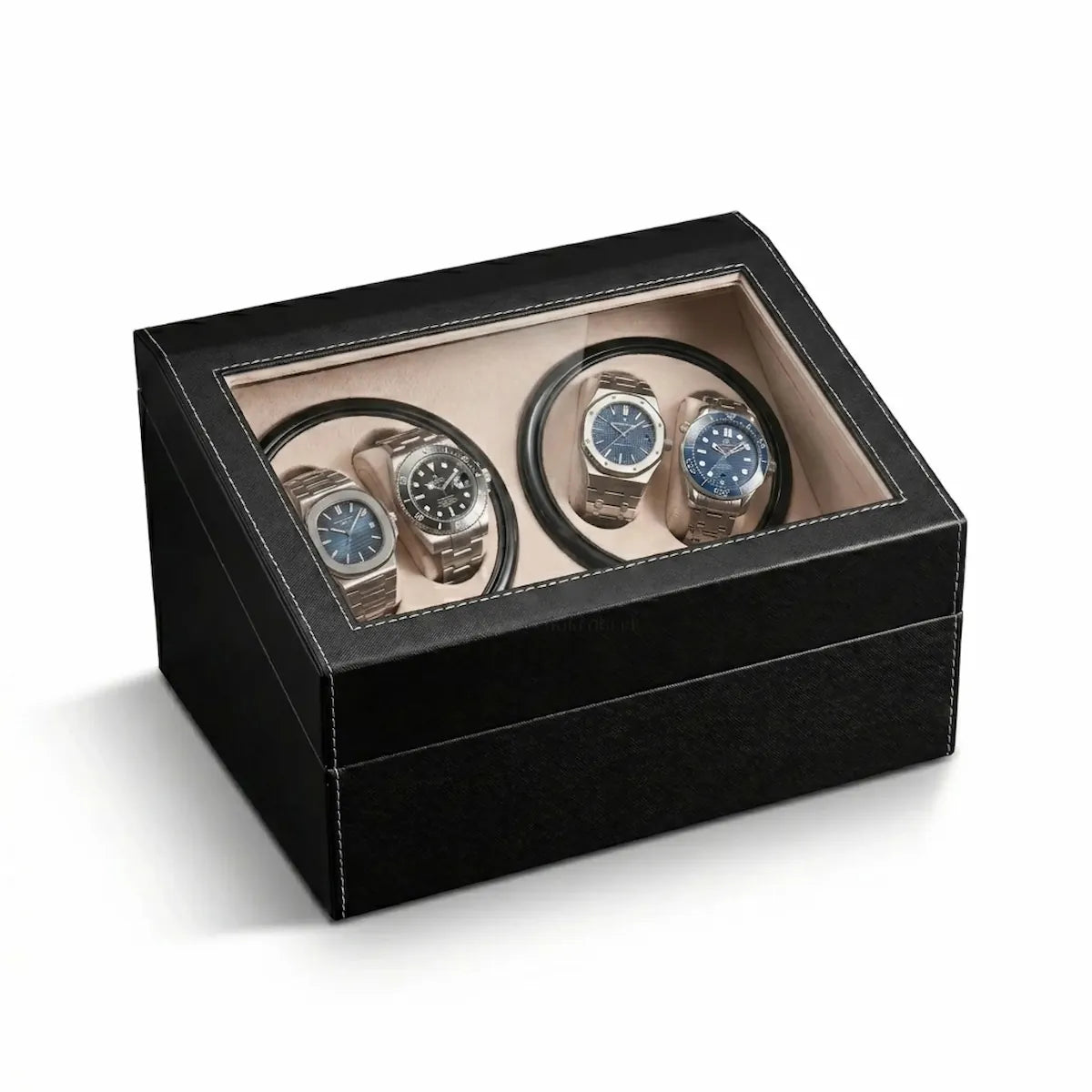 Black leather watch winder with glass lid, 4 motorised slots for automatic watches and beige suede interior.