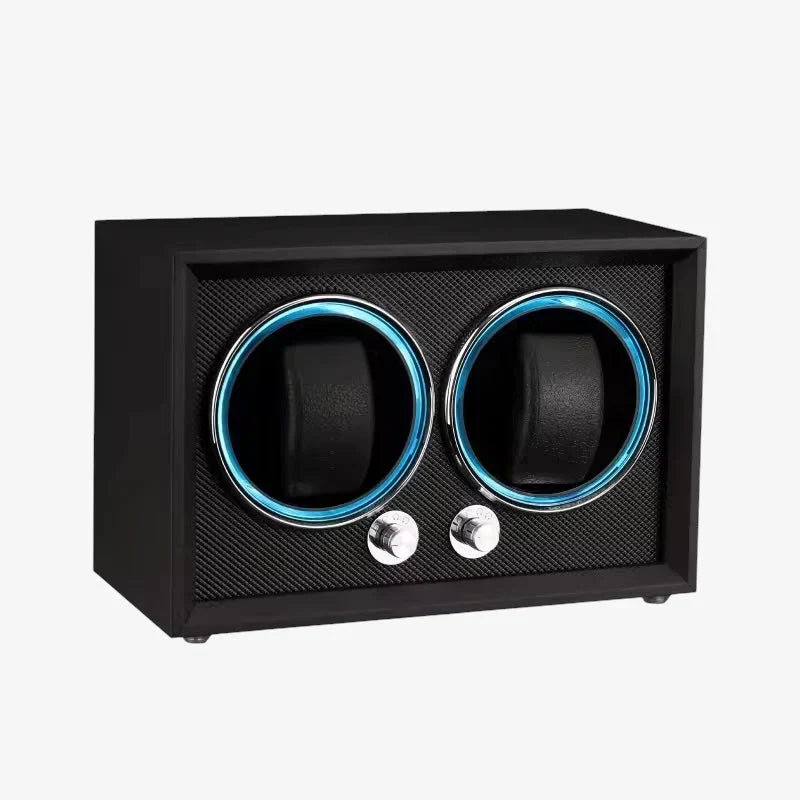 Black double watch winder for two automatic watches with blue LED lighting, wood finish and premium flannel interior.