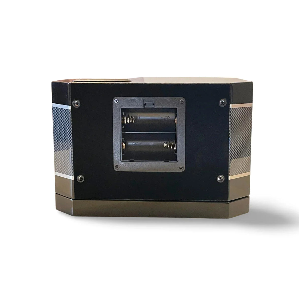 Rear view of the black carbon fibre watch winder with visible battery compartment and elegant design.
