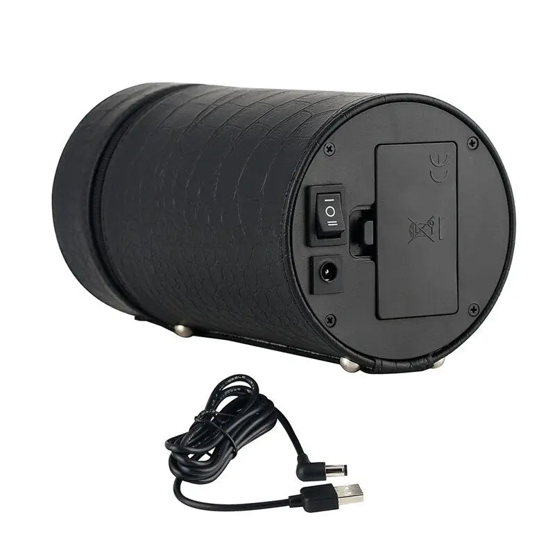 Black Rocket portable winder in crocodile faux leather with switch, power port and USB cable included.