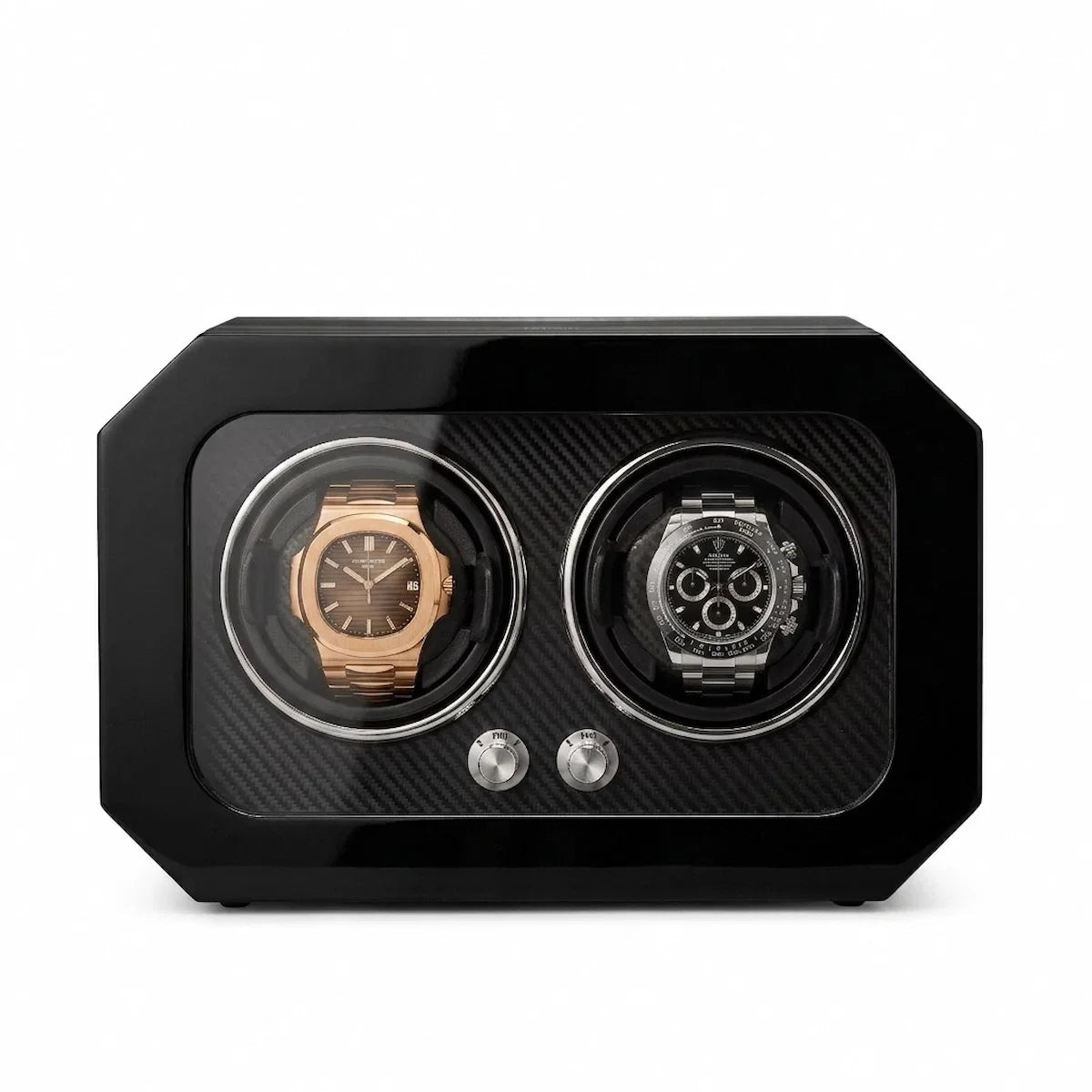Black carbon fibre watch winder for two watches with a glass front and rotary control knobs.