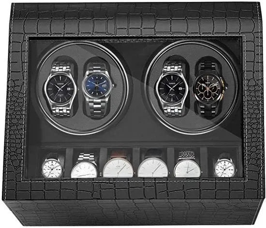 Roche Noire automatic winder in crackled black PU leather with 4 rotating slots and 6 storage compartments for watches.