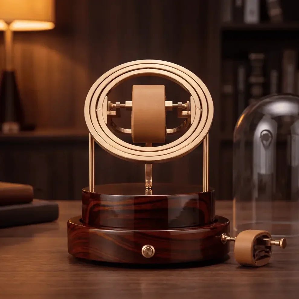 Gold and dark wood Astronome Prestige watch winder with silent rotating mechanism and protective glass dome.