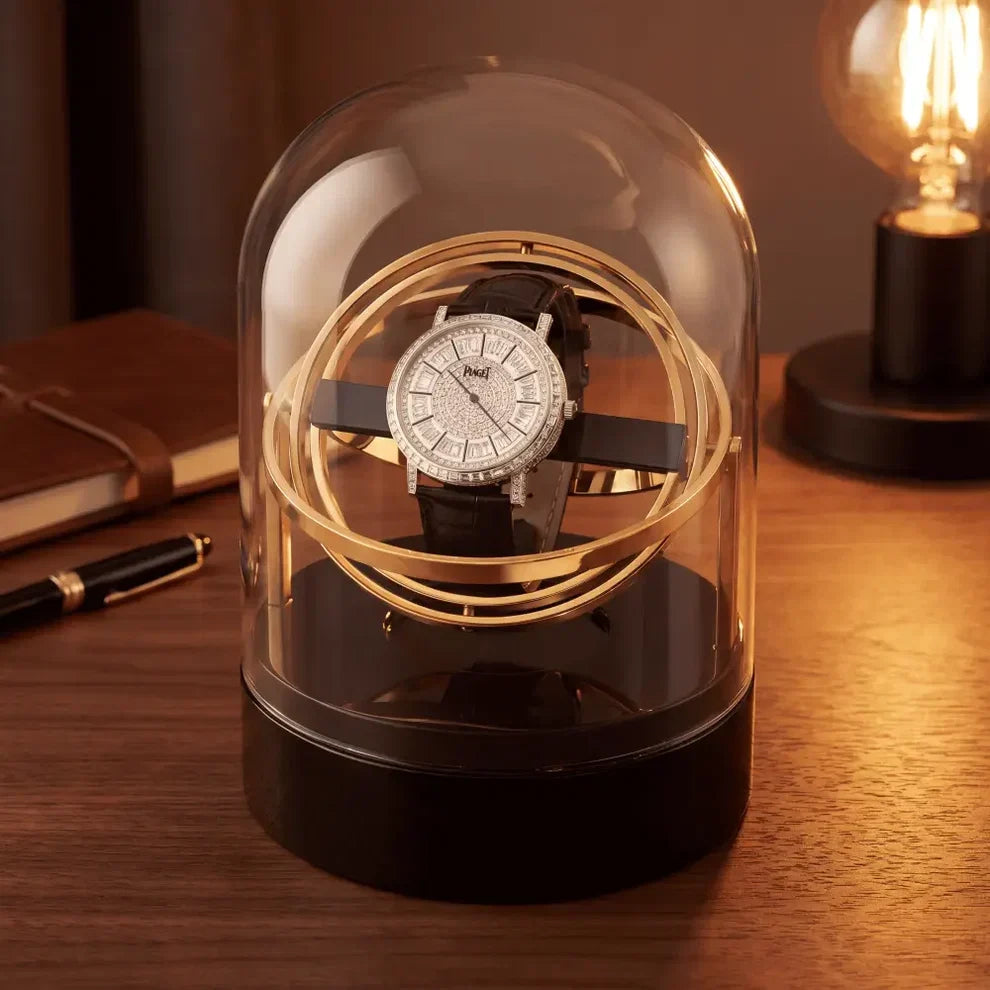 Astronome gold automatic watch winder with glass dome, steel structure and rotating holder for one watch.