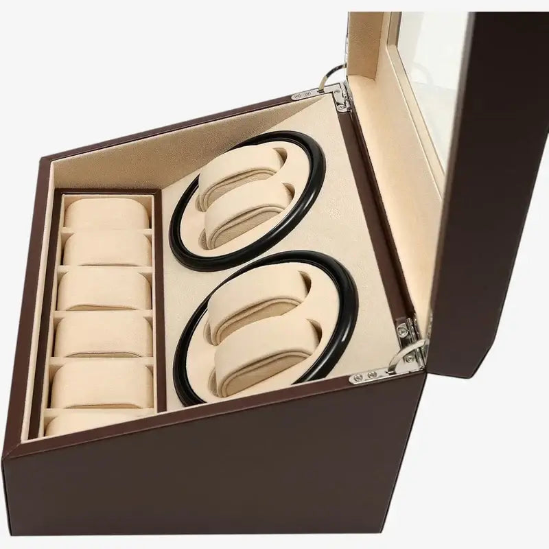 Brown leather watch winder with 4 automatic rotors and 6 storage slots, beige suede interior.
