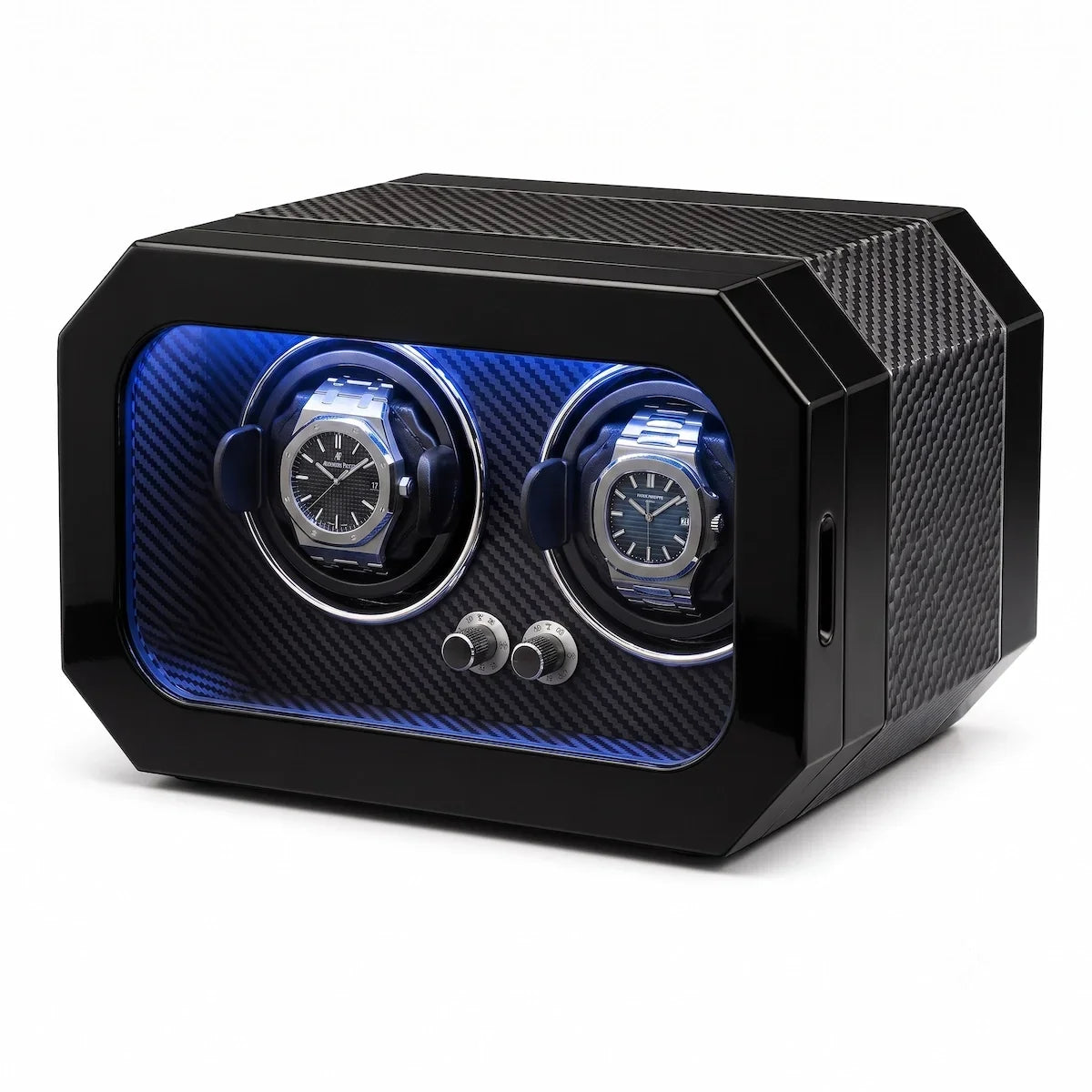 Watch winder for 2 watches in black carbon fibre with blue LED lighting and silent motors.