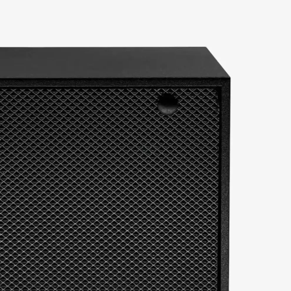 Black double watch winder in wood with textured front and modern cubic design.