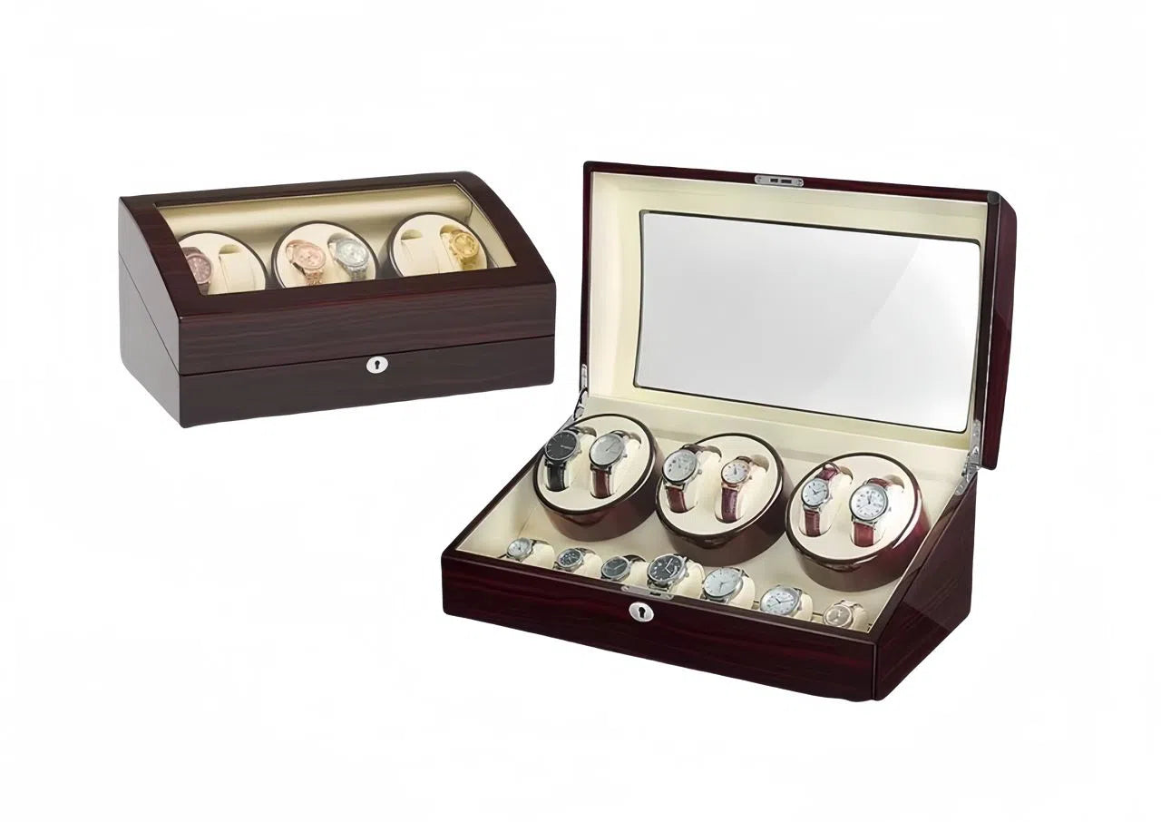 6-Watch Winder with 7 Storage Compartments - Ebony/Beige