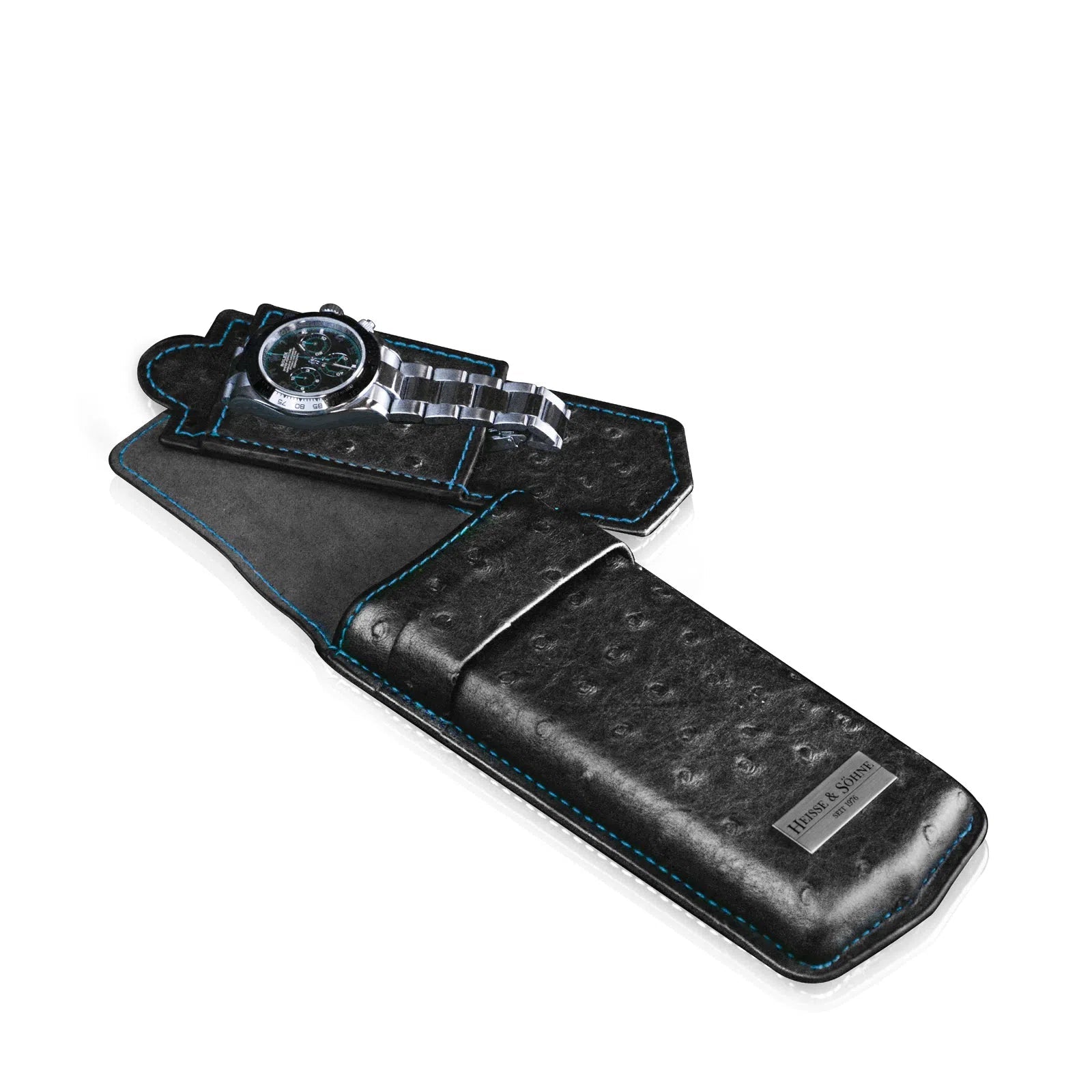 Watch Case - Mondo Ostrich 1 Watch Black/Blue-2-Le Remontoir