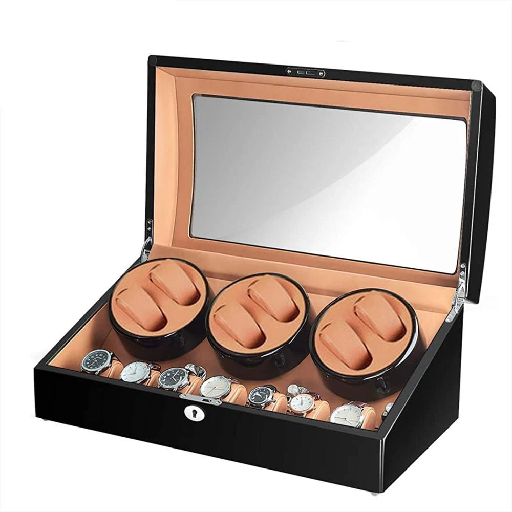 6-Watch Winder with 7 Storage Compartments – Black/Brown