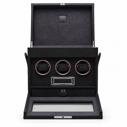 3-watch winder in grained black leather with suedette interior, glass lid and high-end finishes.