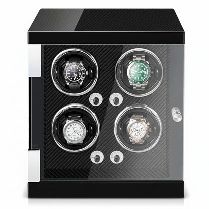 Watch winder for 4 automatic watches in black carbon fibre with glass door and silent motor.