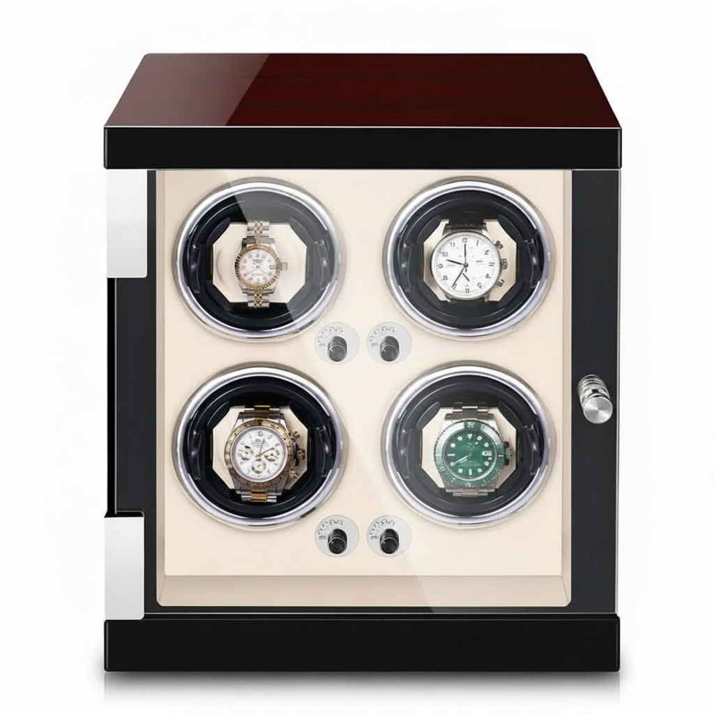 Cream automatic watch winder for 4 watches with elegant wood finish and silent motor.