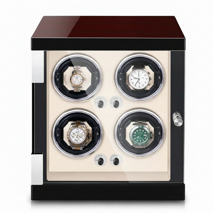 Cream automatic watch winder for 4 watches with elegant wood finish and silent motor.