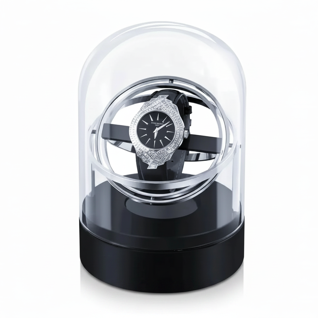 Astronome silver watch winder in steel and glass with black base, modern spherical design for one automatic watch.