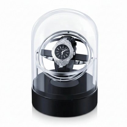 Astronome silver watch winder in steel and glass with black base, modern spherical design for one automatic watch.