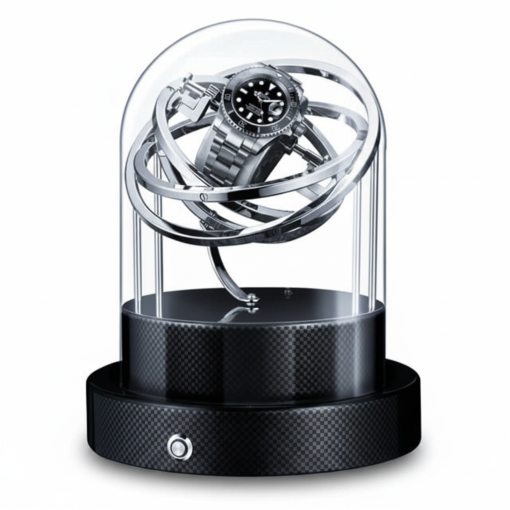 Black Astronome Comète watch winder in carbon fibre with glass dome and silver rotating mechanism for one watch.