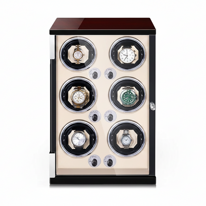 Automatic watch winder for 6 watches in cream and brown wood with silent motor and elegant protective display window.