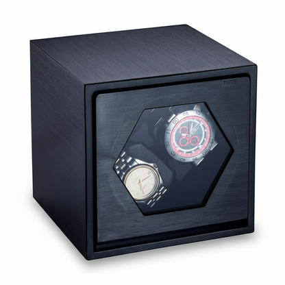 Black aluminium Cube Prestige watch winder with two slots and a hexagonal window for automatic watches.