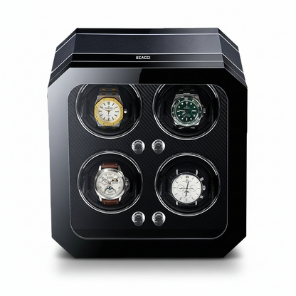 Black carbon fibre Gioco Carbone watch winder for 4 automatic watches with built-in LED lighting.
