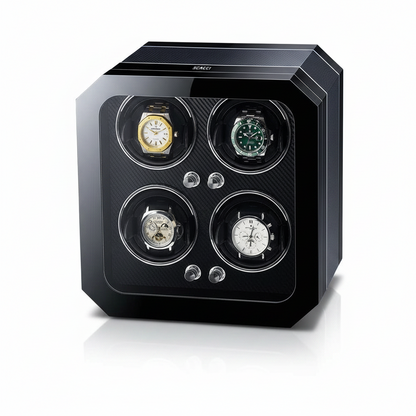 Black Gioco Carbone automatic watch winder for 4 watches with carbon fibre finish and built-in LED lighting.