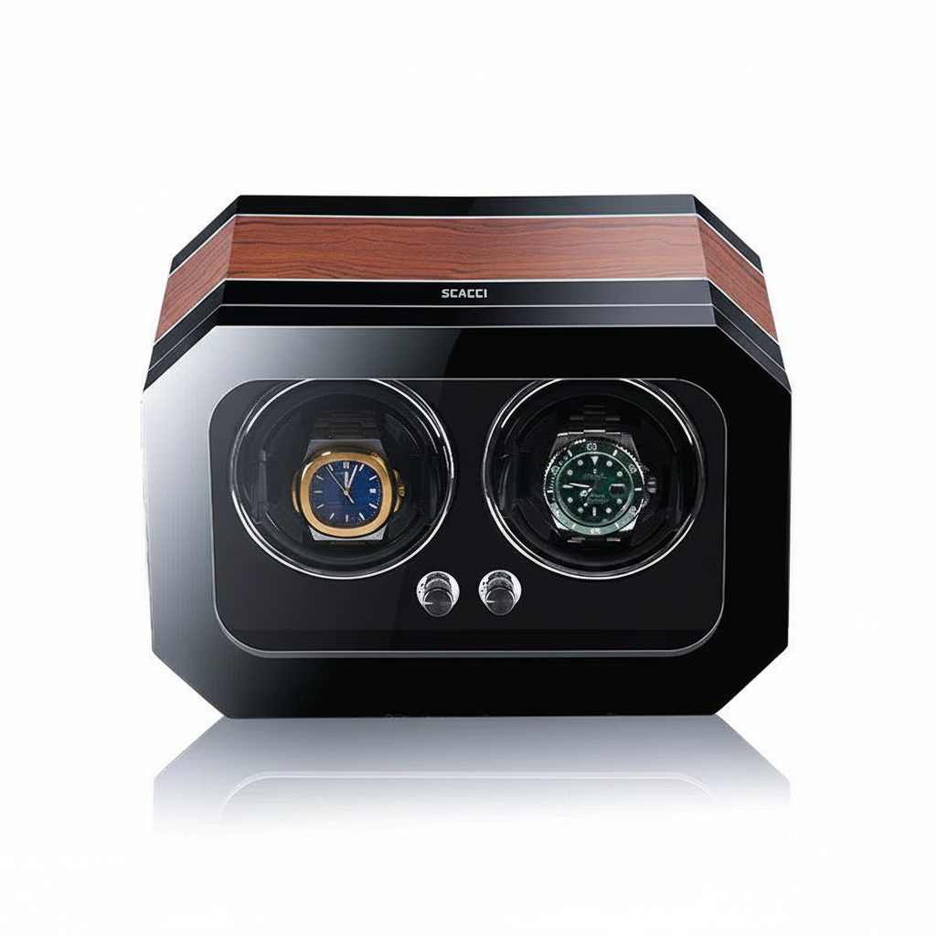 Scacci watch winder for 2 watches in wood with a glossy black finish and two automatic rotating slots.