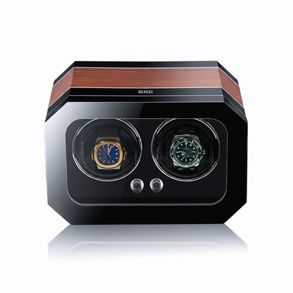 Scacci watch winder for 2 watches in wood with a glossy black finish and two automatic rotating slots.