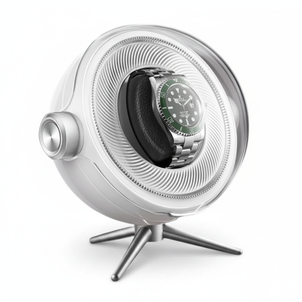 Tripode Solo white watch winder with a modern spherical design and tripod stand, holding an automatic watch.