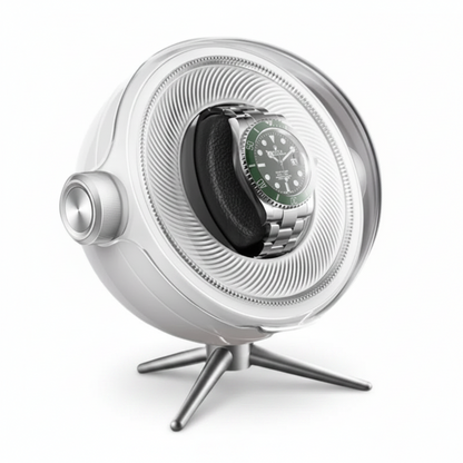 Tripode Solo white watch winder with a modern spherical design and tripod stand, holding an automatic watch.