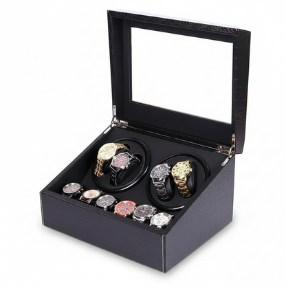 Roche Noire watch winder in crackled black PU leather with glass lid, 4 rotating slots and 6 fixed storage compartments.