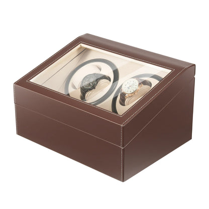 Brown leather watch winder with glass lid, beige interior and two rotating slots for automatic watches.