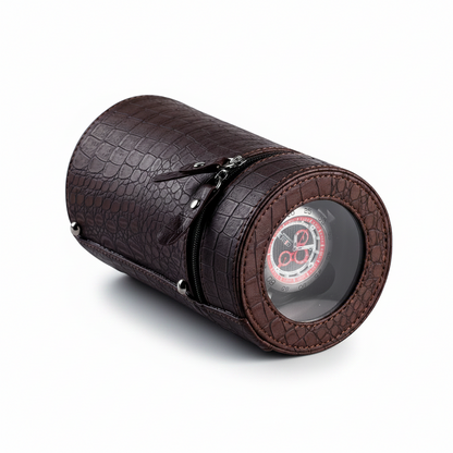 Brown Rocket travel winder in crocodile faux leather with transparent window for an automatic watch.